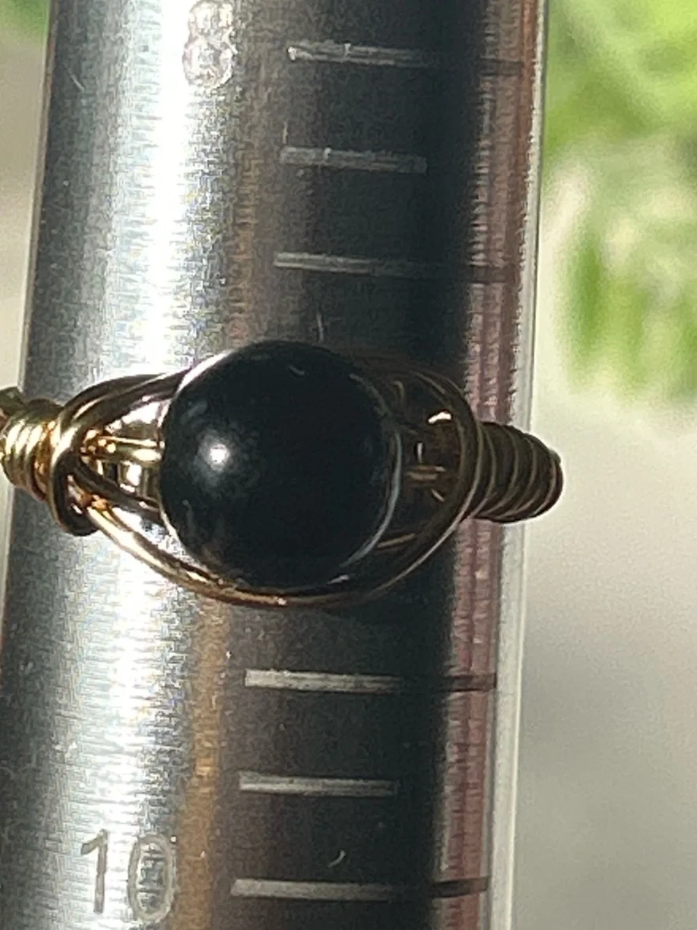 💍 Handcrafted Gold Tone Wire-Wrapped Ring with Black Tourmaline Bead